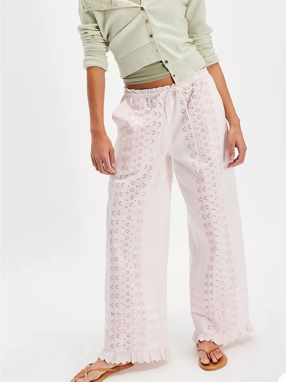 Damson Madder Light Pink Eyelet Wide-Leg Cotton Pants
